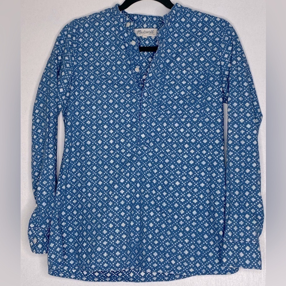 MADEWELL CHAMBRAY FLORAL STAMP POPOVER BLOUSE SIZE XS